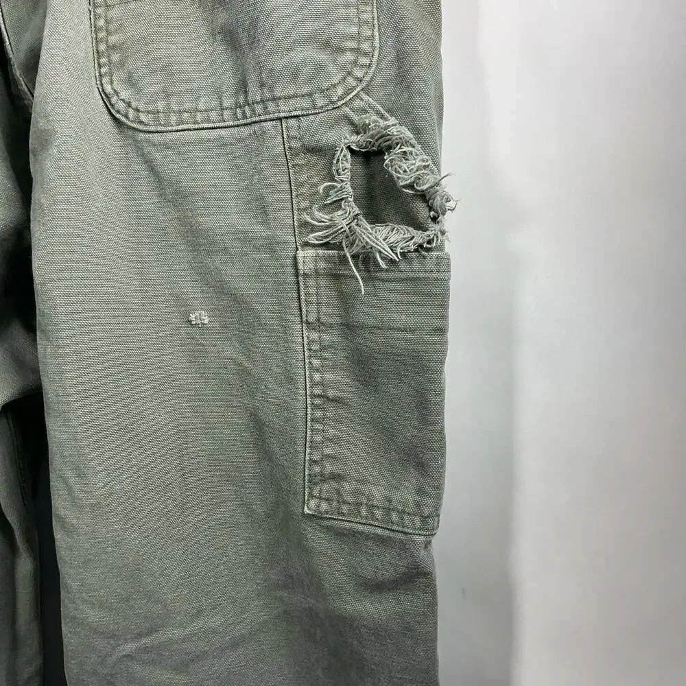 Carhartt Vintage Flannel-Lined Green Canvas Carpenter Work Pants Distressed
